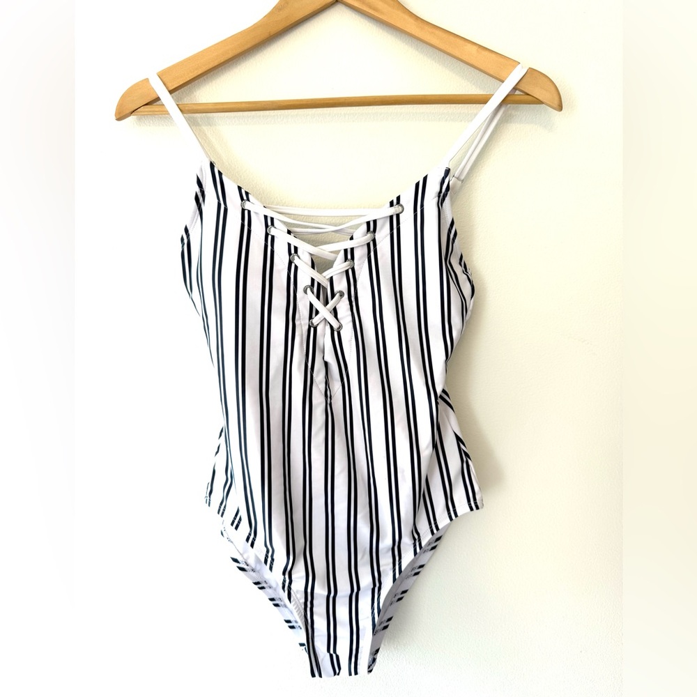 Nautica White with Navy Stripes Mio Laced Front One Piece Swimsuit - Picture 7 of 14
